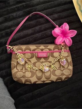 Coach Brown Signature Wristlet with Bright Pink Accents